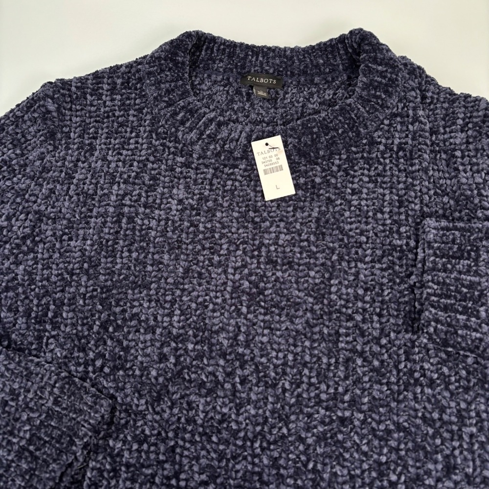 Talbots Women L Navy Blue Chenille Pullover Sweater NEW Crew Neck Chunky Knit